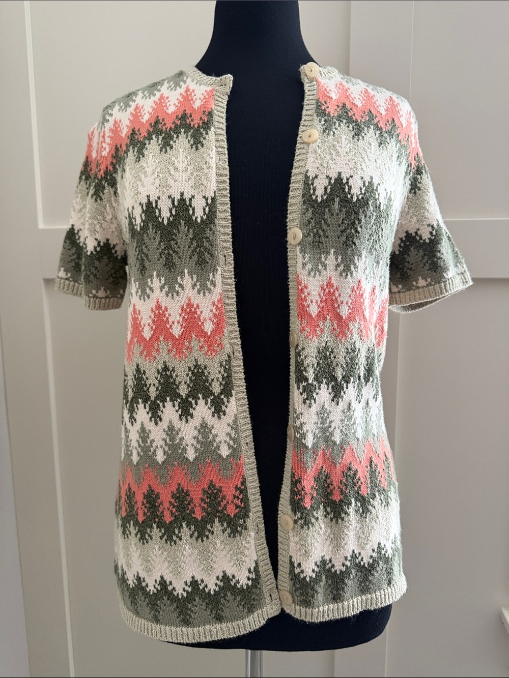 Women’s Short-Sleeve Knit Cardigan - Coral, Olive & Cream